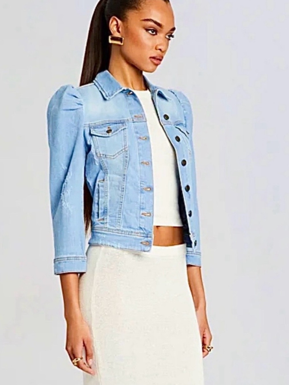 Retrofête Ada Denim Puff Shoulder Jean Jacket | Light Blue Stone | Size S | NWOT - Picture 3 of 12
